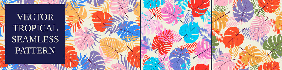 Set 11, Seamless multicolored pattern with exotic tropical plants, monstera leaves and palm trees, vector botany composition