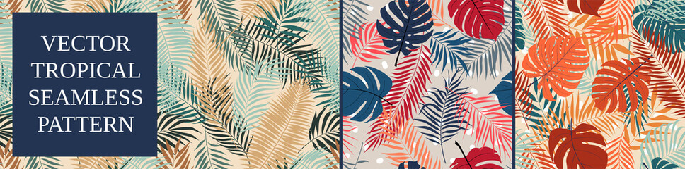 Fototapeta na wymiar Set 12, Seamless tropical pattern with monstera leaves and palm tree branches, vector botany composition summer backgrounds
