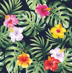 Fototapeten Tropical seamless pattern with palm leaves and exotic flowers. Floral summer design on a black background. Vector illustration. © Anna Sm