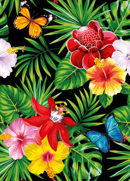 Tropical seamless pattern with palm leaves and exotic flowers. Floral summer design on a black background. Vector illustration. © Anna Sm
