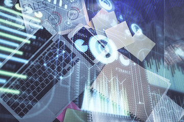 Multi exposure of data theme drawing hologram over topview work desk background with computer. Concept of technology.