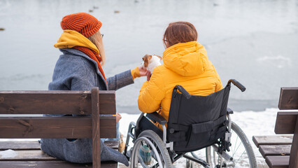 Caucasian woman in a wheelchair and her friend are sitting by the lake with ducks in winter.