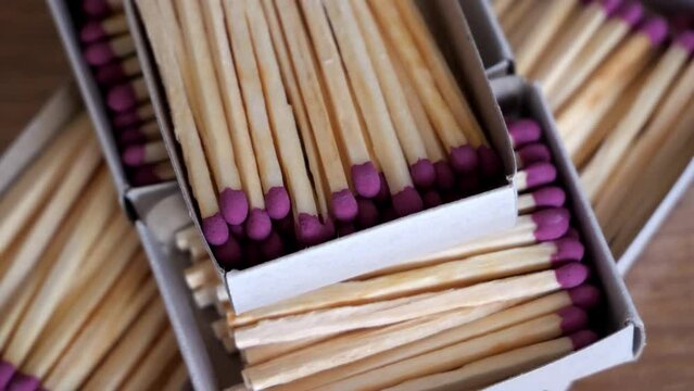 Lots of matchboxes, close-up video. Detailed video.