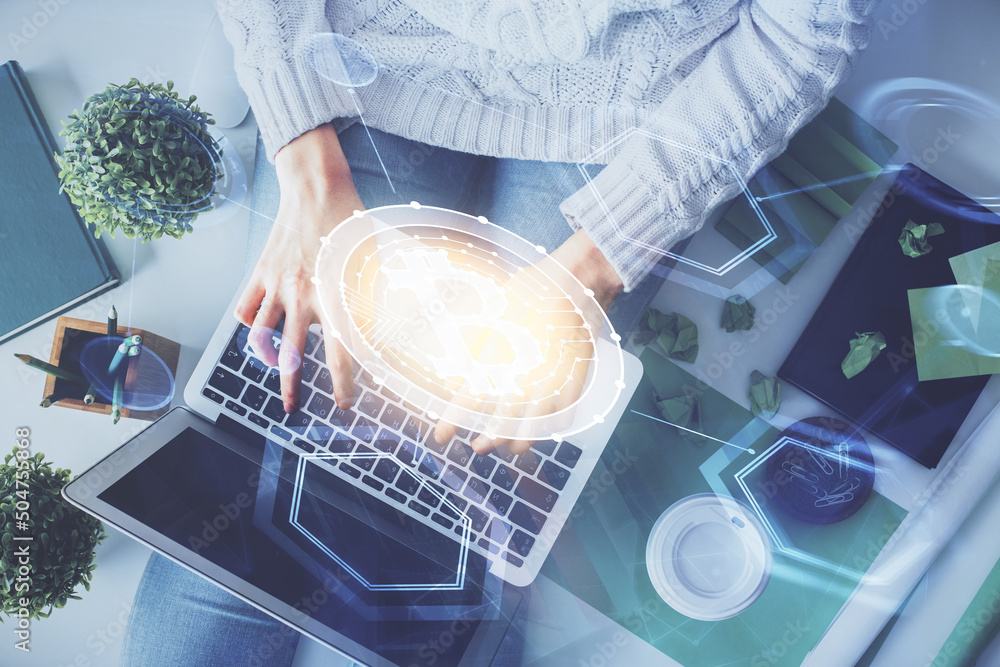 Poster Double exposure of woman hands working on computer and blockchain theme hologram drawing. Top View. bitcoin cryptocurrency concept.
