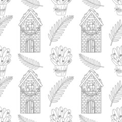 Hand drawn illustration. Seamless doodle-style pattern with a Christmas house. Coloring pictures. Great for fabric, wallpaper, textile, wrapping.