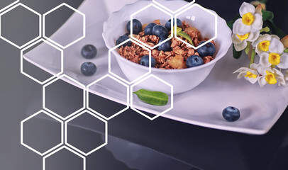 A healthy breakfast cereal with milk and fruit. Oat and corn flakes with chocolate and yogurt. The concept of healthy and vegetarian food.