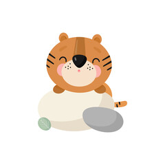 Cute Tiger. Cartoon style. Vector illustration. For card, posters, banners, children books, printing on the pack, printing on clothes, fabric, wallpaper, textile or dishes.