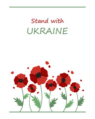Vector illustration with poppies as a symbol of freedom in Ukraine. Stand with Ukraine. Pray for Ukraine peace. 