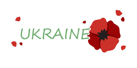 Banner with poppies as a symbol of freedom in Ukraine on white background. Stand with Ukraine. Pray for Ukraine peace. 