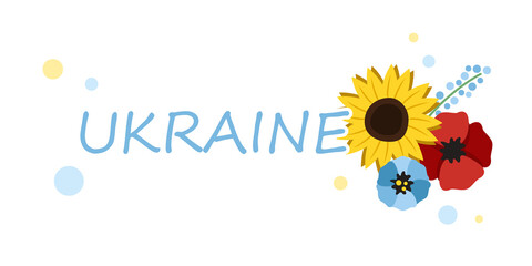 Banner with flowers as a symbol of freedom in Ukraine on white background. Glory to Ukraine. Pray for Ukraine peace. 
