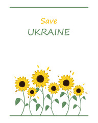 Vector illustration with sunflowers as a symbol of freedom in Ukraine. Save Ukraine. Pray for Ukraine peace. 