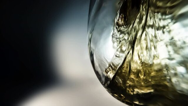 Creative macro slow motion 4k video of white wine pouring into a glass. Glass with pouring white wine close-up.  Filmed on high speed cinema camera.