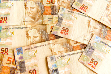 Brazilian money texture background, Brazilian 50 Real notes.