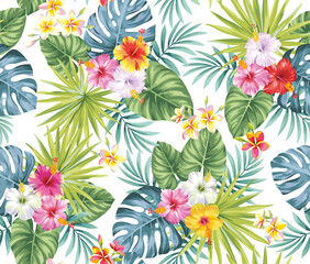 Tropical seamless pattern with palm leaves and exotic flowers. Floral summer design on a white background. Vector illustration. © Anna Sm
