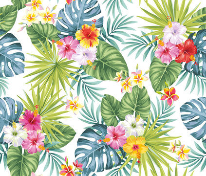 Tropical seamless pattern with palm leaves and exotic flowers. Floral summer design on a white background. Vector illustration.