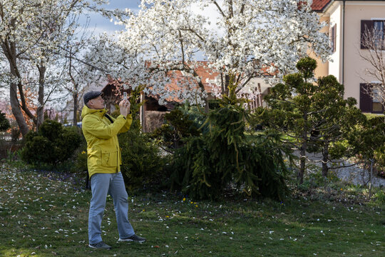 a man photographs a spring park on a smartphone