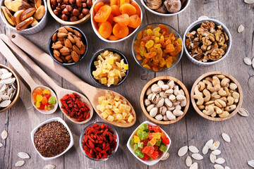 Composition with dried fruits and assorted nuts. Delicacies