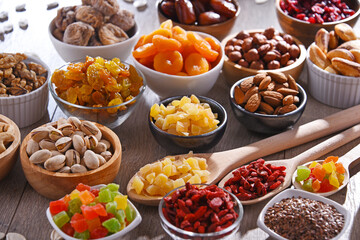Composition with dried fruits and assorted nuts. Delicacies