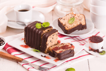 Sponge cake with chocolate frosting.