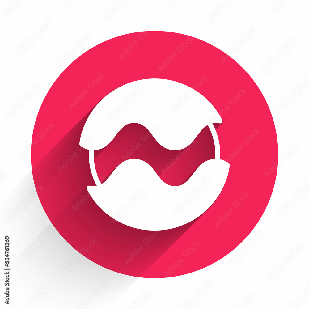 Poster white planet icon isolated with long shadow background. red circle button. vector