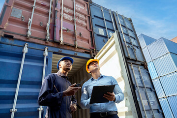professional engineer and businessman checking and inspect containers in international cargo at the...