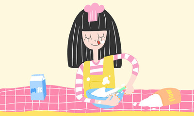 Illustration of cute girl cooking bakery made dessert wear pink uniform and yellow apron