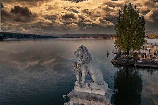 view over the zurich lake  with a lion monument 