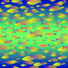 Colorful fish flock seamless pattern. School of fish swiming in one direction on bright background. Vector illustration.