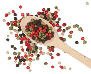 A mixture of peppers , isolated on white, top view