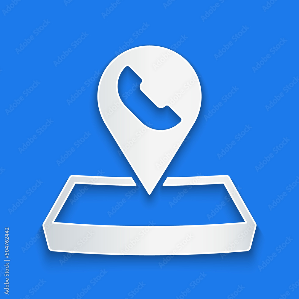 Poster paper cut map pointer with telephone or communication icon isolated on blue background. call center 