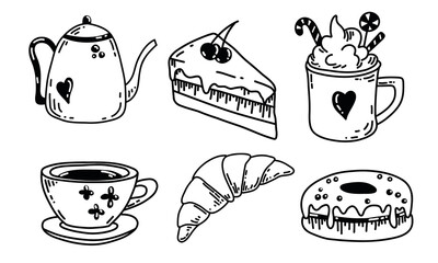 Set of Pastry Vector illustrations for Bakery design. Hand drawn sketch of Cups, Cakes, Teapot, croissant, donut in doodle style. Black line o for cafe or restaurant menu