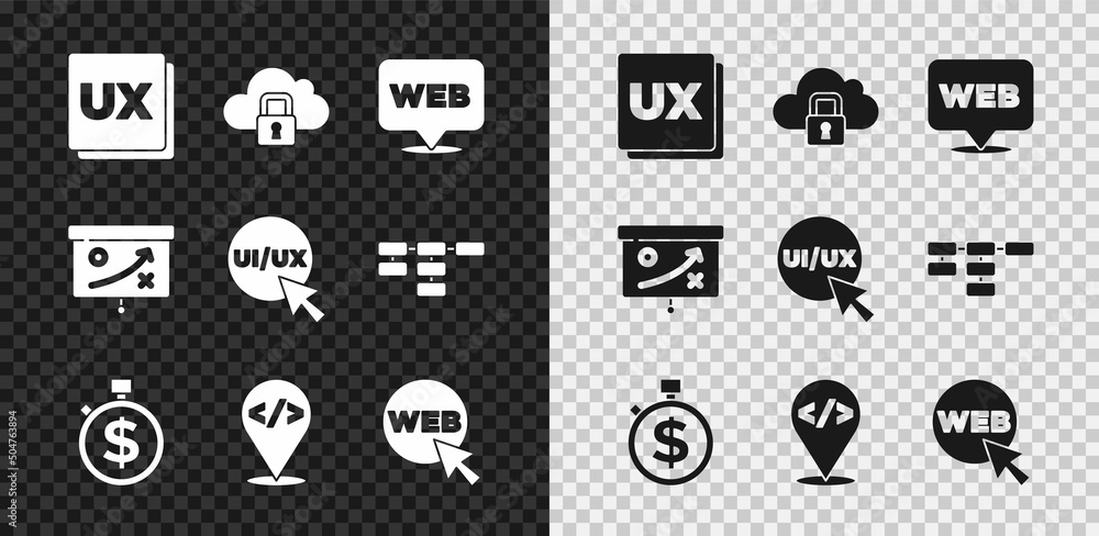 Poster set ui or ux design, cloud computing lock, web and graphic, time is money, front end development, pl