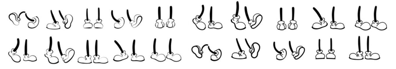 Vintage cartoon feet in shoes. Cute animation character body parts. Comics walking leg poses set. Different foot movements and positions