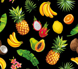 Tropical seamless pattern with exotic fruits and palm leaves. Hawaiian summer design. Vector illustration.