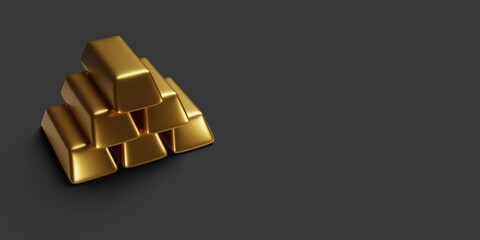 Six gold bars on a black background. 3D render. Banner size. 3d render illustration.  