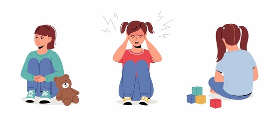 Autism, child stress, mental health. Set of unhappy sad little girl sitting on floor, feeling depressed and lonely. Vector illustration collection isolated. 