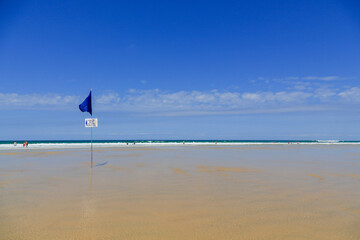 Blue flag and sign informing about the supervised and restricted bathing area at the wide sandy...