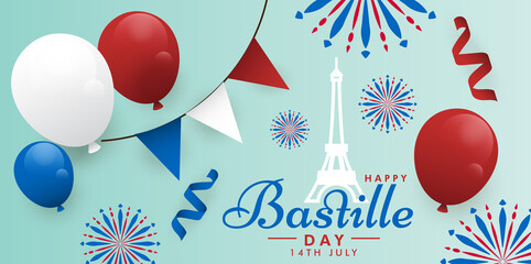 Bastille Day 14th July holiday Eiffel Tower National Day of France greeting graphic image template vector
