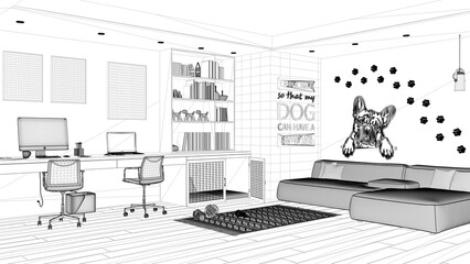 Blueprint project draft, pet friendly corner office, desk, chairs, bookshelf and dog bed with gate. Sofa and parquet. Carpet with dog toys and french bulldog artwork. Interior design