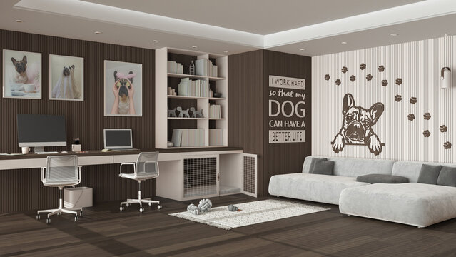 Pet friendly dark wooden corner office, desk, chairs, bookshelf and dog bed with gate. Velvet sofa and parquet. Carpet with dog toys and french bulldog artwork. Interior design idea