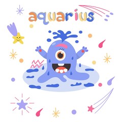 Fototapeta premium Cute cartoon zodiac monster Aquarius. Against the background of cosmic attributes, stars, shooting star, zodiac sign. Great print for kids clothes. Postcard for congratulations. 