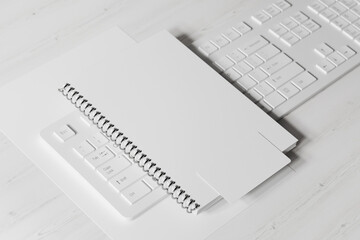 Corporate identity items with keyboard mockup. 3D rendering
