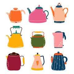kitchen teapot set. Tea party. Bright teapots of different types. Items are isolated on white background. Editable vector cartoon illustration