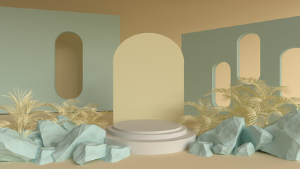 3D render for nature soft green background on white podium with premium product