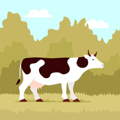 Cow with udder. Animal for farm, milk and meat. Ungulate mammal. Spotted color. Vector cartoon illustration on green nature background