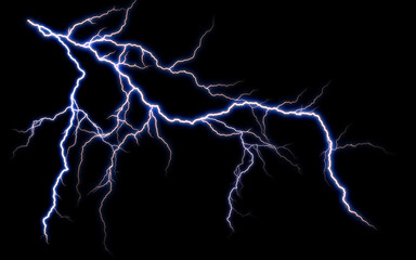 Massive lightning bolt with branches isolated on black background. Branched lightning bolt. Electric bolt. - obrazy, fototapety, plakaty