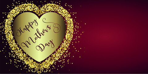 card or banner for a happy mother's day in burgundy in a gold colored heart and glitter all around on a gradient burgundy background