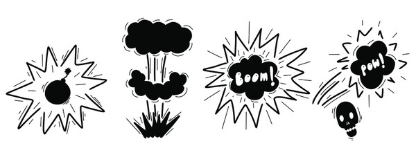 Sketch explosion boom. Hand drawn explosion, nuclear mushroom bomb element. Doodle sketch style. Vector illustration isoletad on white.