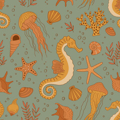 Seamless pattern with hand drawn seahorse, jellyfish, shells, stars and coral on green background. Vintage sea life vector ornament. Underwater world illustration