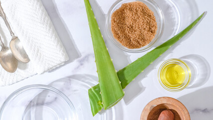 Fototapeta na wymiar Aloe Vera homemade face and body scrub recipe. Aloe Vera plant, brown sugar and olive oil. Ingredients close up on marble background, flat lay